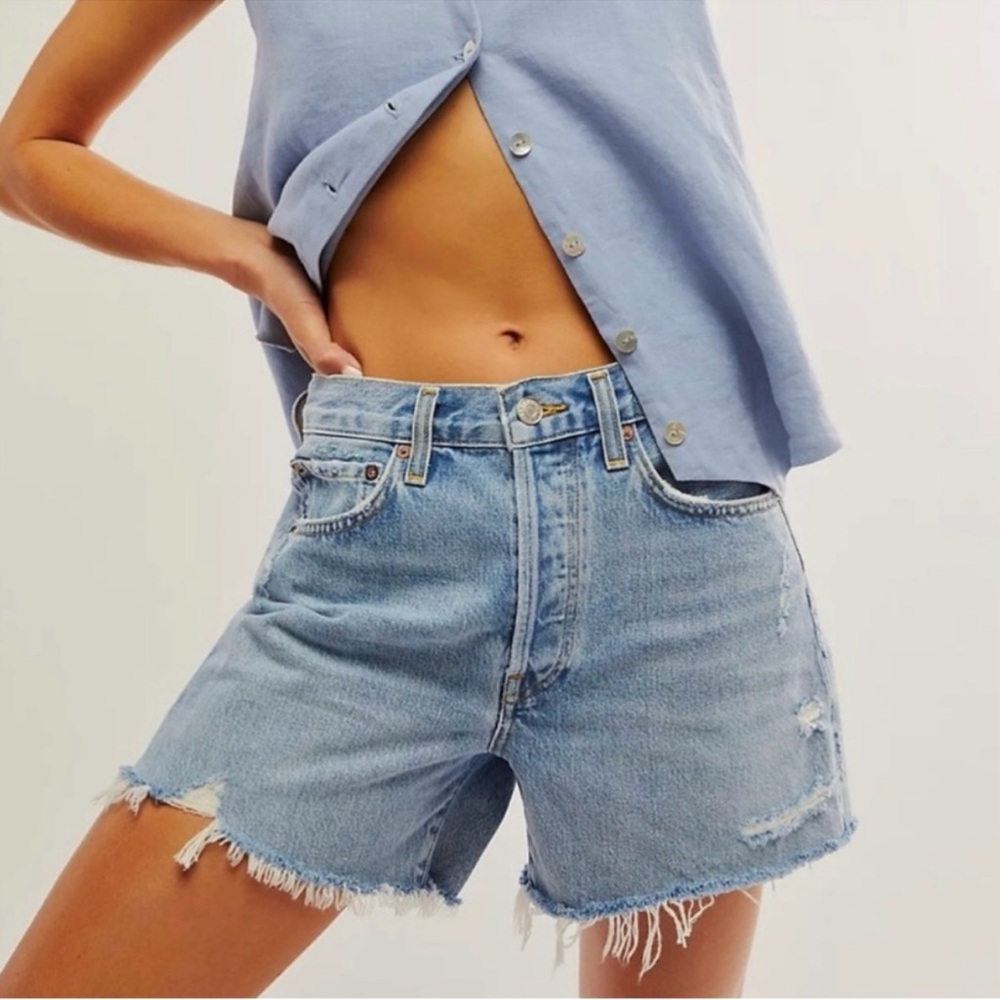 Agolde Parker long Blue Jean Shorts with Distressed Hem Sz 24